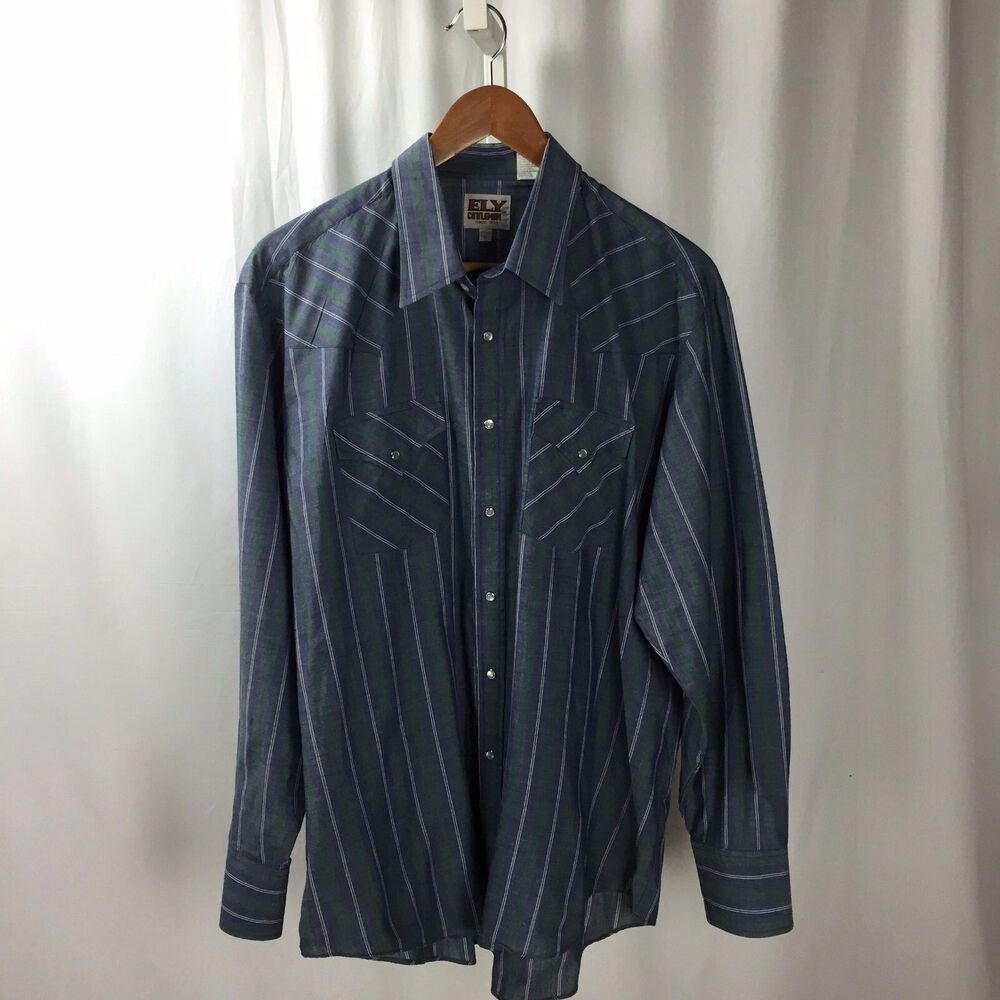 Ely Cattleman Men's Blue Green Stripped Button Front Shirt Size XL